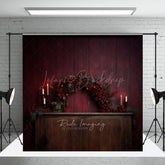 Lofaris Rustic Christmas Photography Backdrop Fireplace Mantel with Red Berry Garland Moody and Elegant Holiday Prop